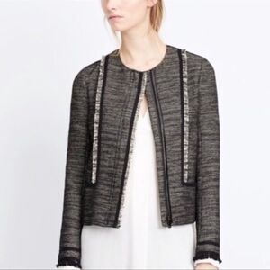 Vince Tweed Fringe Leather Trim Boucle Long Sleeve Zip Up Jacket Coat Size 4